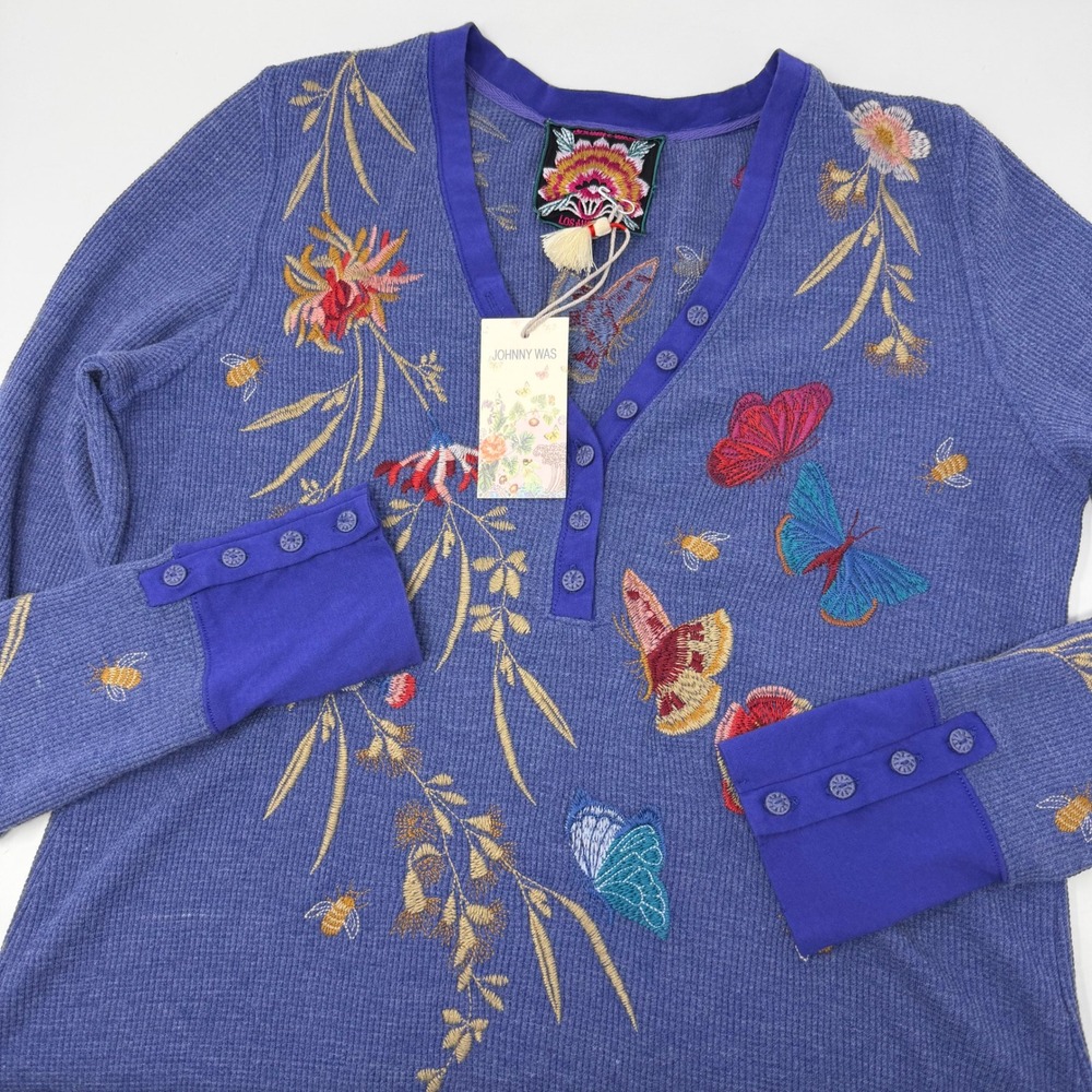 Johnny Was Aria Thermal Size Small Indigo Butterfly Floral Embroidered Top